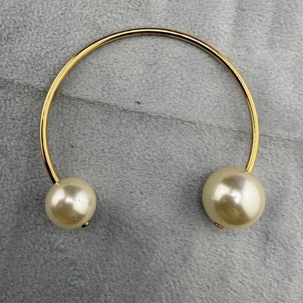 Vintage Estate Cuff Bracelet Gold Tone Faux Pearl Minimalist 7.5"